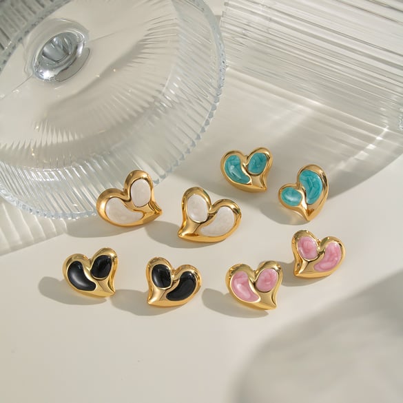 1 Pair Heart Enamel Stainless Steel Gold Color Stud Earrings 2