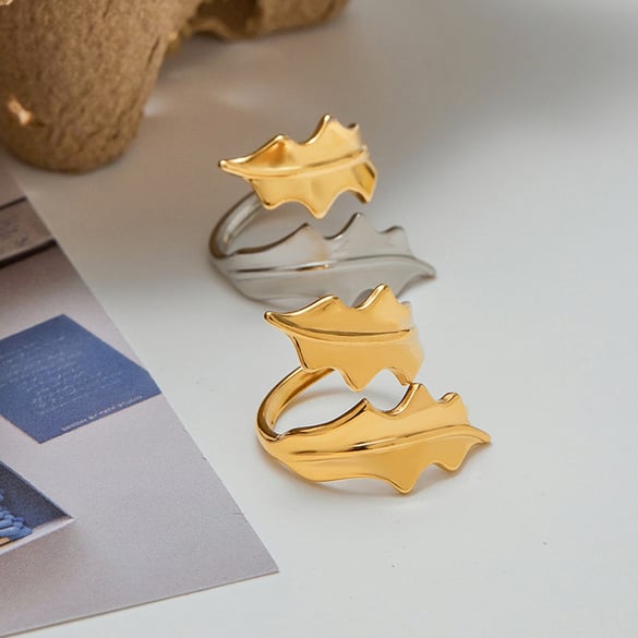 1 Piece Designable Series Natural Leaf Stainless Steel Gold Color Statement Rings