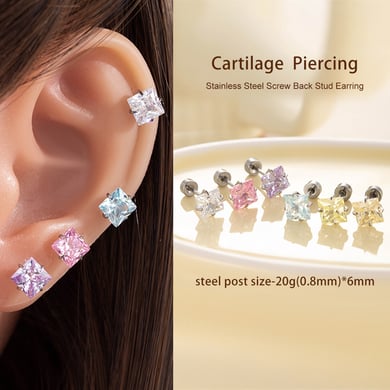 1 pieza de pendientes de perforación cuadrados de acero de titanio y circonita para mujer h5 Imagen5
