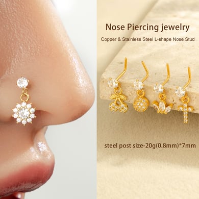 1 paire de piercings de nez pour femme, série Simple, croix simple, cuivre, couleur or, zircon h5 Image5