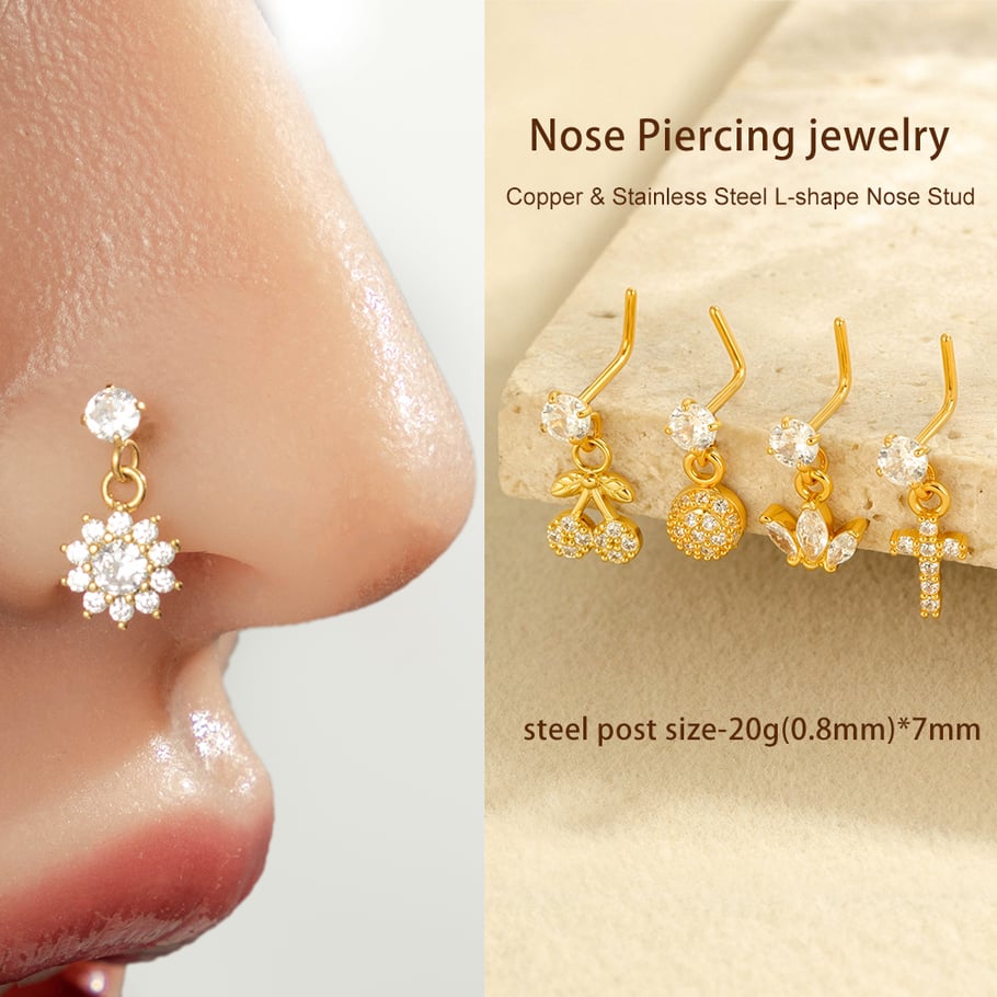 1 paire de piercings de nez pour femme, série Simple, croix simple, cuivre, couleur or, zircon Image5