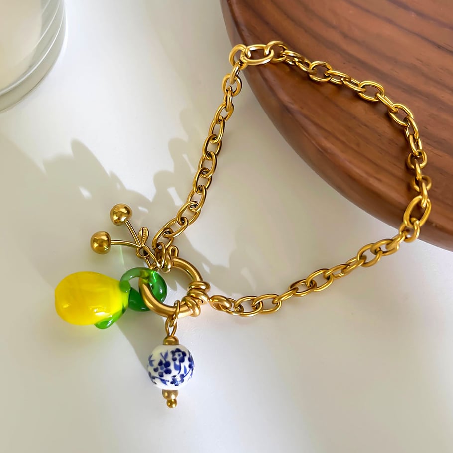 1 Stück Zitronen-Charm-Armband aus Edelstahl in Goldfarbe h5Bild5