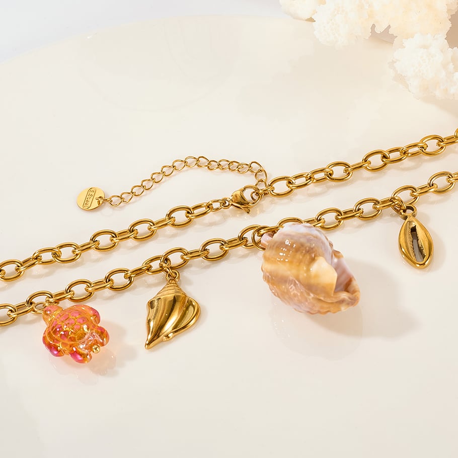 Collar con colgante de caracola de vacaciones de acero inoxidable color dorado para mujer, 1 pieza h5Imagen5