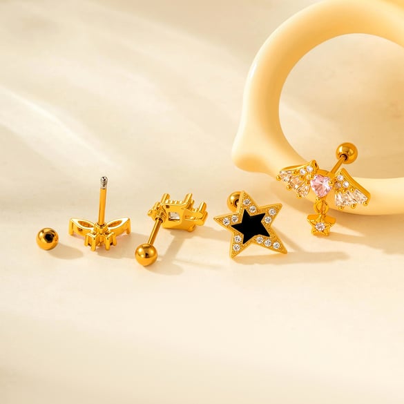 Pendientes de botón de acero de titanio con circonita y corazón brillante para mujer (1 pieza)