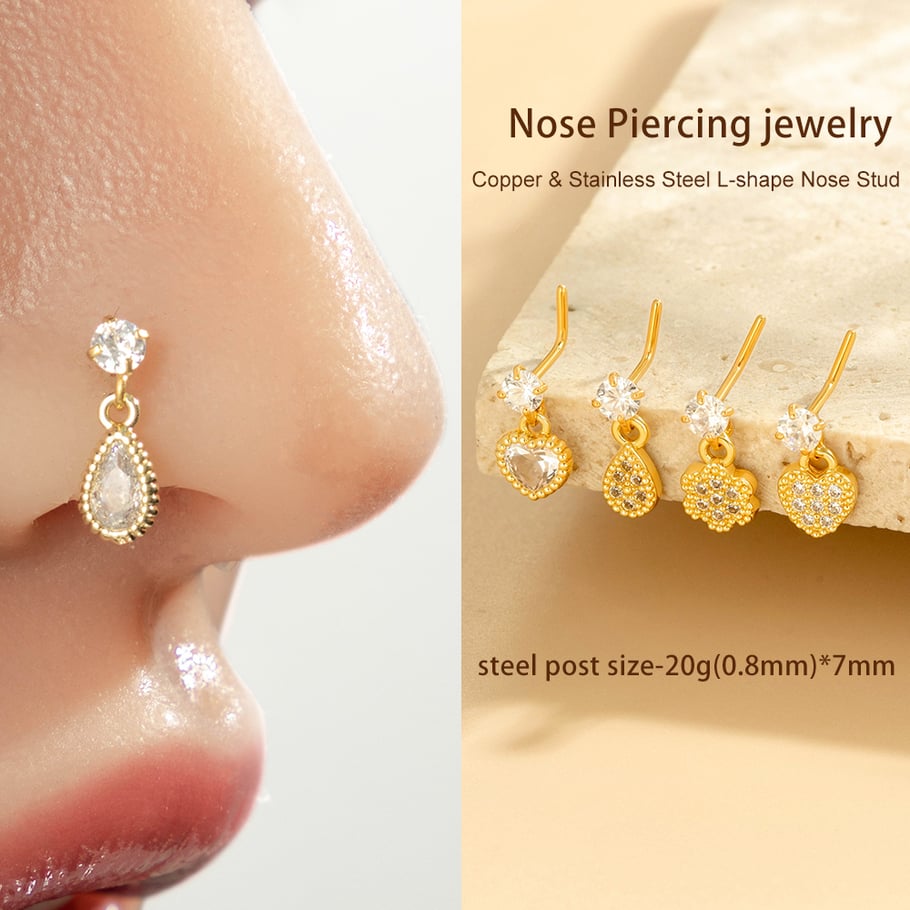 1 paire de piercings de nez pour femme en forme de cœur simple, couleur cuivre et or, zircone Image4