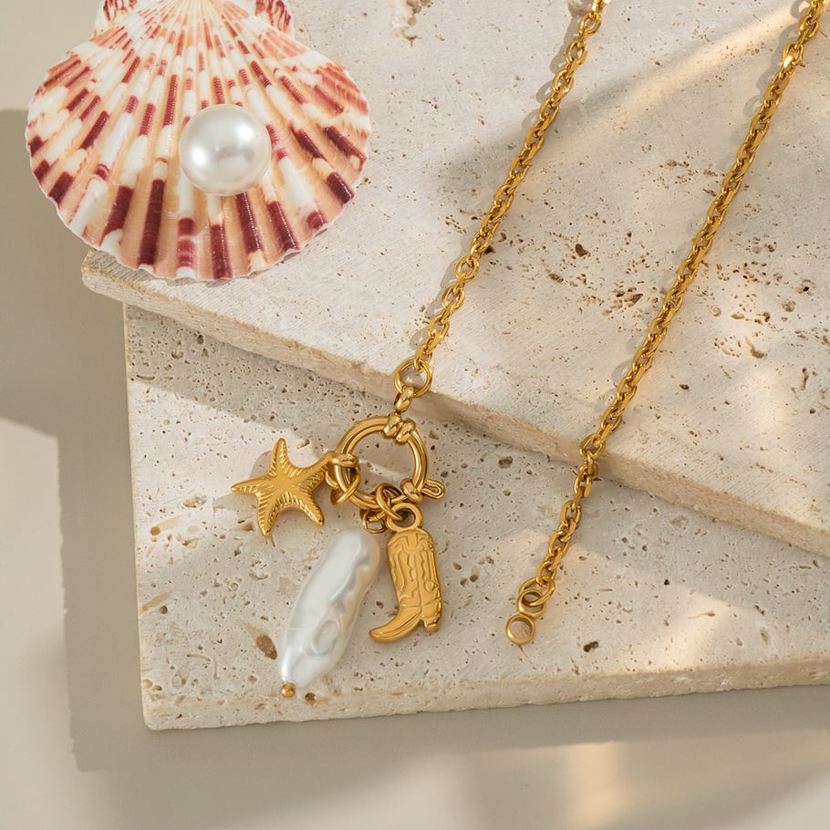1 Piece Starfish Stainless Steel Gold Color Pearl Pendant Necklace Picture2