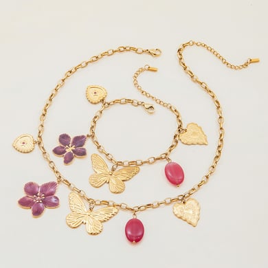 Collier avec pendentif en acier inoxydable doré pour femme, motif fleur et papillon h5 Image8