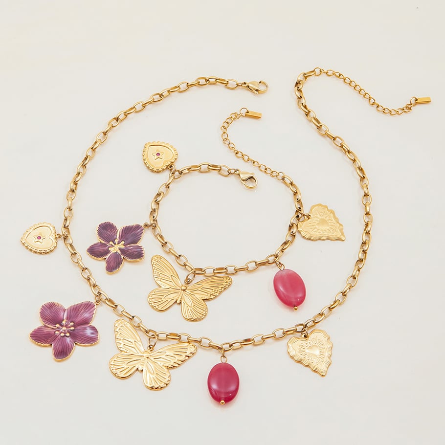 Collier avec pendentif en acier inoxydable doré pour femme, motif fleur et papillon Image8