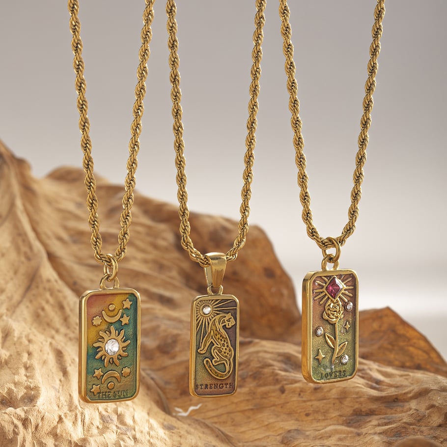 Collier avec pendentif rétro en acier inoxydable couleur or, 1 pièce Image4