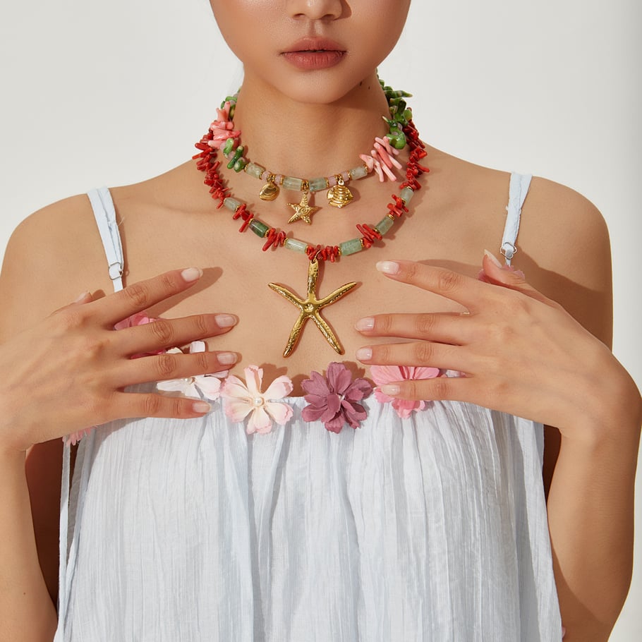 1 pezzo di collana con ciondolo a forma di stella in acciaio inossidabile color oro con pietra naturale da donna Immagine4