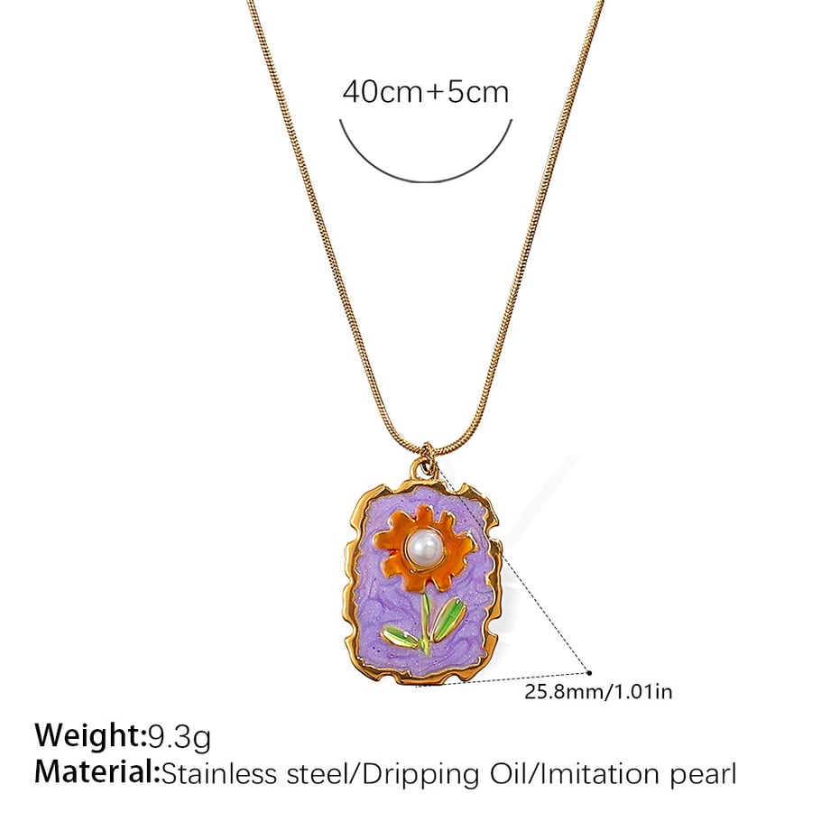 1 Piece Enamel Flower Stainless Steel Gold Color Pendant Necklace 