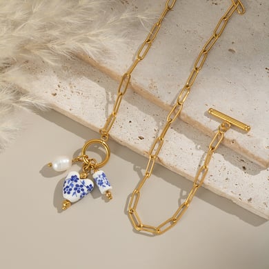 1 Piece Ceramic Flower Stainless Steel Gold Color Pendant Necklace h5 Picture4