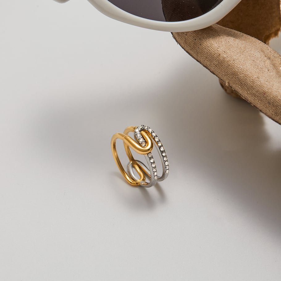Bague pour femme en acier inoxydable couleur or, série luxueuse, motif géométrique classique, pierres précieuses Image6