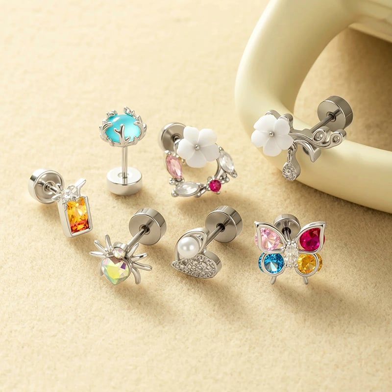 1 Adet Kelebek Bakır Altın Rengi Zirkonyum Piercing Küpe Resim4