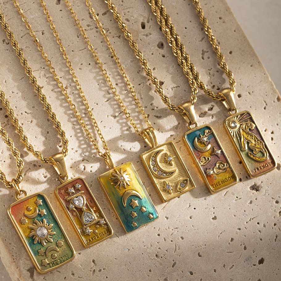 Collier avec pendentif rétro en acier inoxydable couleur or, 1 pièce Image2