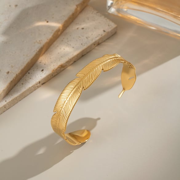 1 Piece Leaf Shape Stainless Steel Gold Color Cuff Bracelet 2