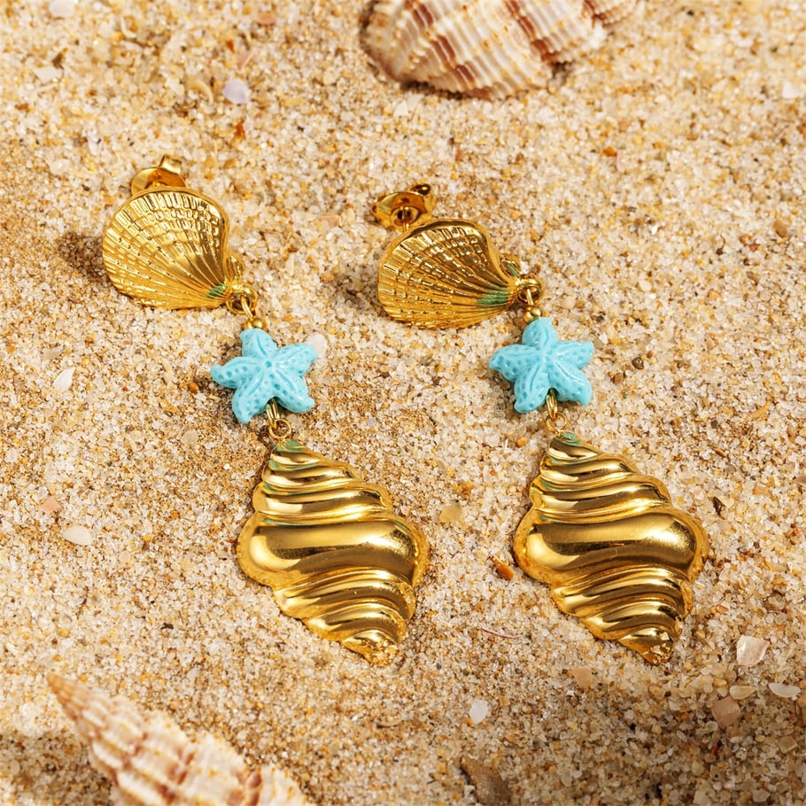 1 par de pendientes colgantes de acero inoxidable de color dorado Imagen4