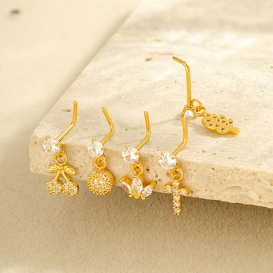 1 paire de piercings de nez pour femme, série Simple, croix simple, cuivre, couleur or, zircon h5 Image3