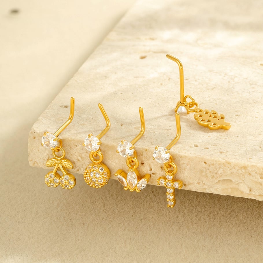 1 paire de piercings de nez pour femme, série Simple, croix simple, cuivre, couleur or, zircon Image3