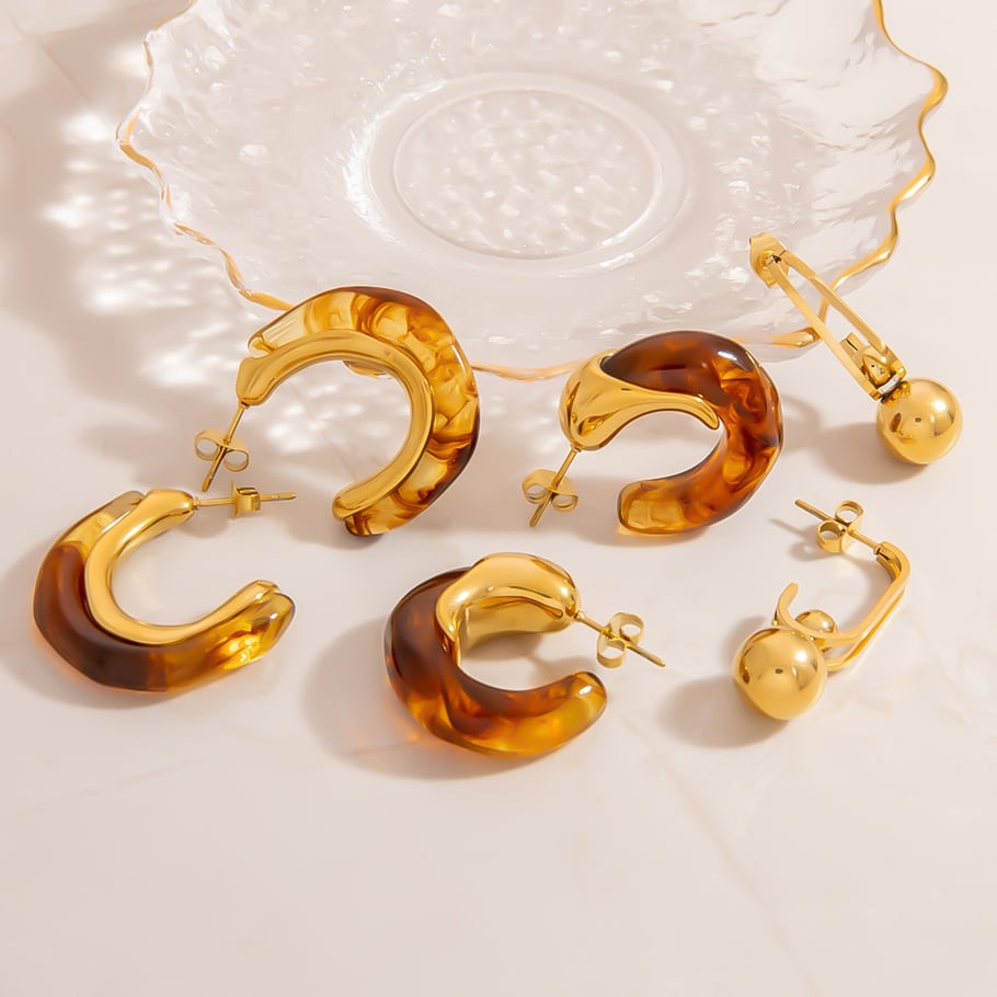 Orecchini a bottone da donna in acrilico color oro, geometrici casual, semplici, serie Immagine3