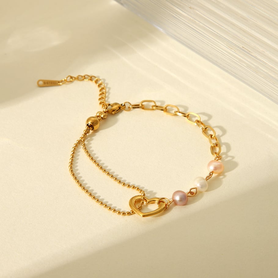 1 Pair Simple Series Sweet Heart Stainless Steel   Gold Color  Natural Stone Women's Chain Bracelets Picture5