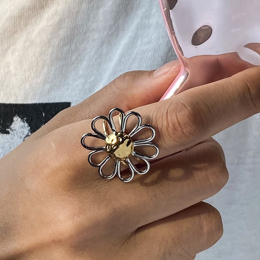 1 Piece Minimalist Flower Stainless Steel Gold Color Statement Rings Picture5