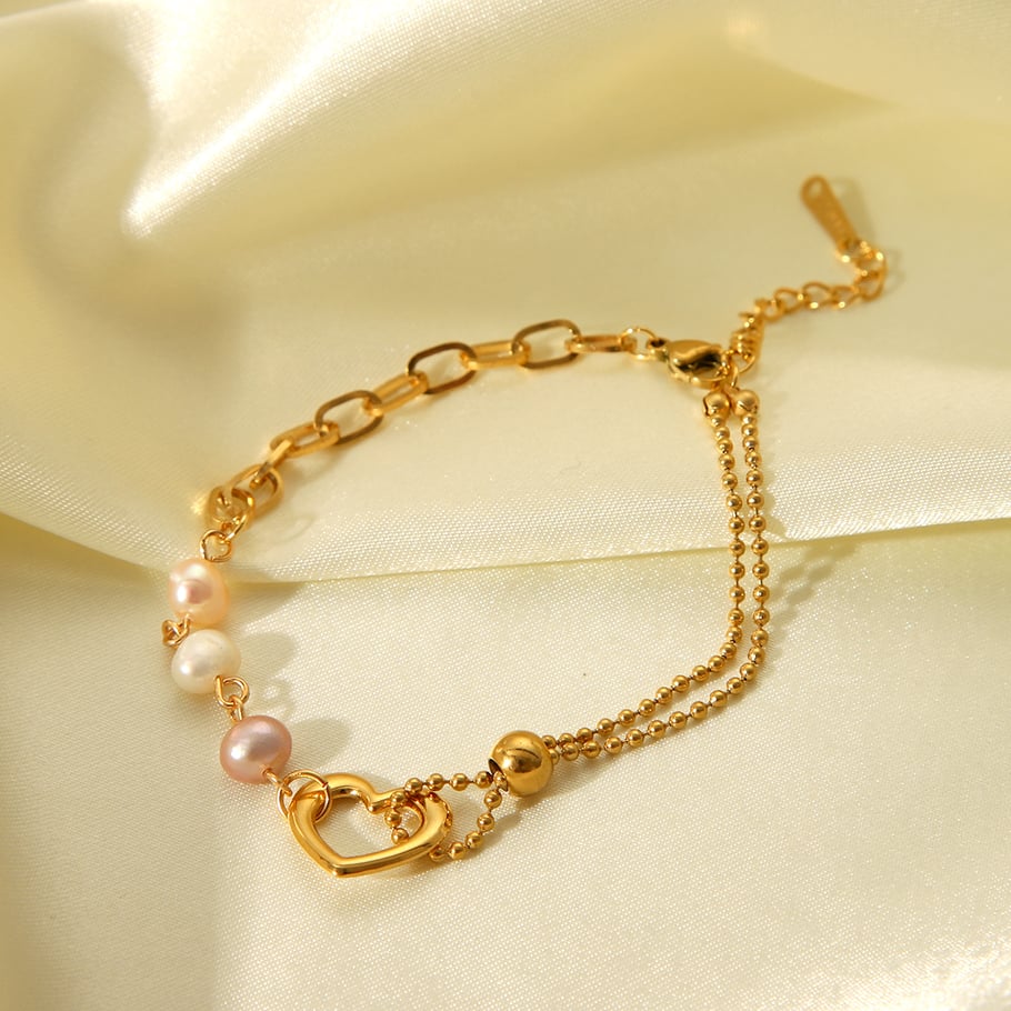 1 Pair Simple Series Sweet Heart Stainless Steel   Gold Color  Natural Stone Women's Chain Bracelets Picture6
