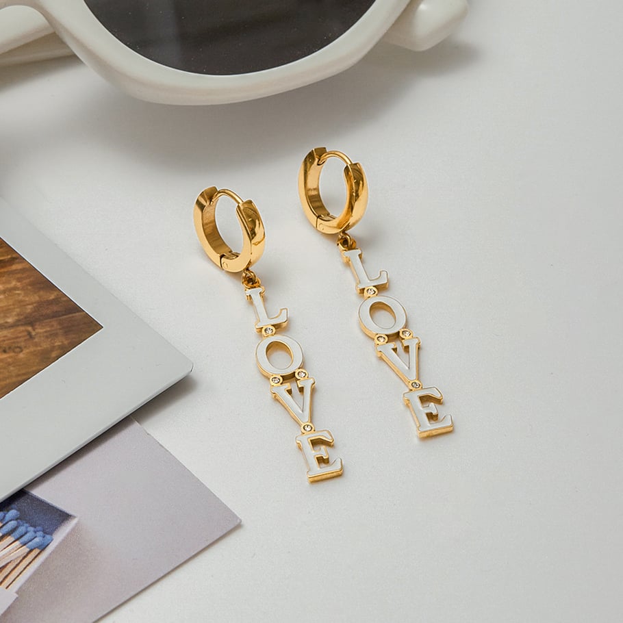1 Paar romantische Serie Sweet LOVE Letter Edelstahl Gold Farbe Damen Tropfen Ohrringe Bild5