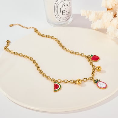 Collier pendentif en acier inoxydable couleur or pour femme, motif fruits polychromes, 1 pièce h5 Image4