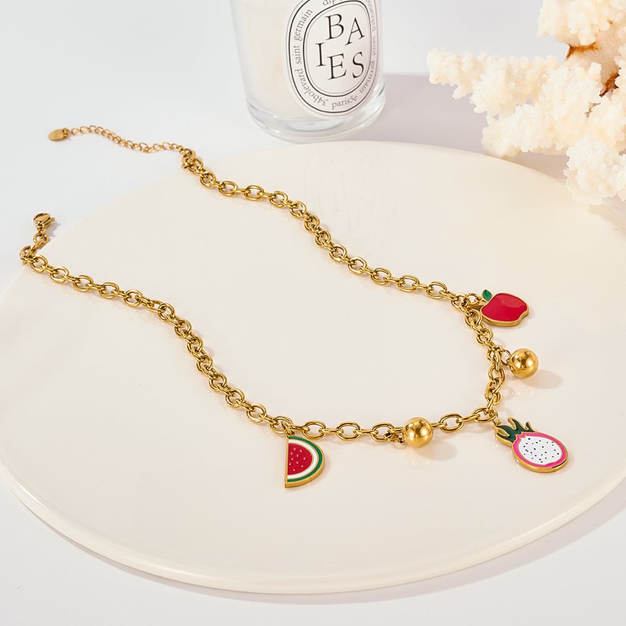 Collier pendentif en acier inoxydable couleur or pour femme, motif fruits polychromes, 1 pièce Image4