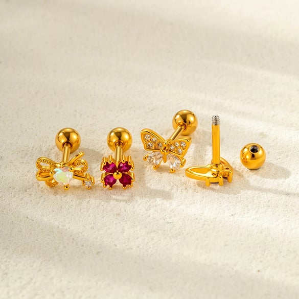 Pendientes de botón de mariposa policromada de acero y titanio con circonitas para mujer (1 pieza) 2