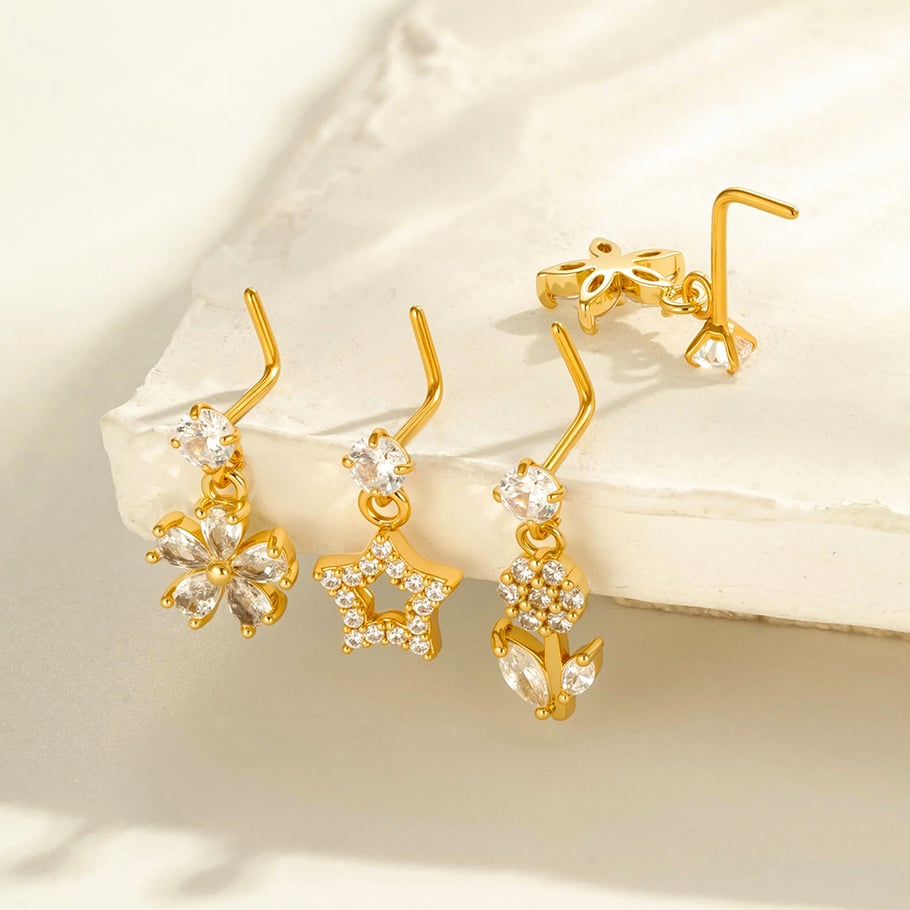 1 paire de piercings de nez pour femme, série Simple, motif soleil/lune, cuivre, or et zircon Image3