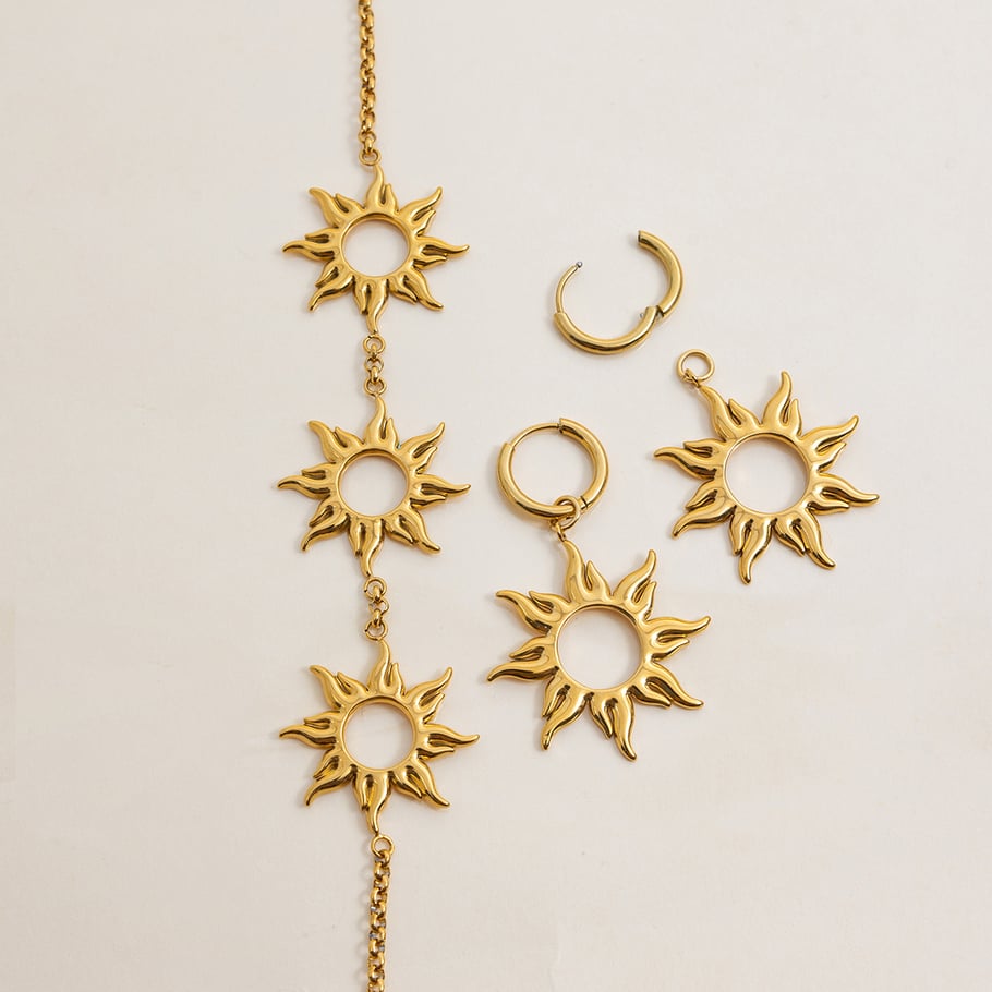 1 paire de boucles d&#39;oreilles créoles pour femme en acier inoxydable couleur or, série Classic Sun Image8