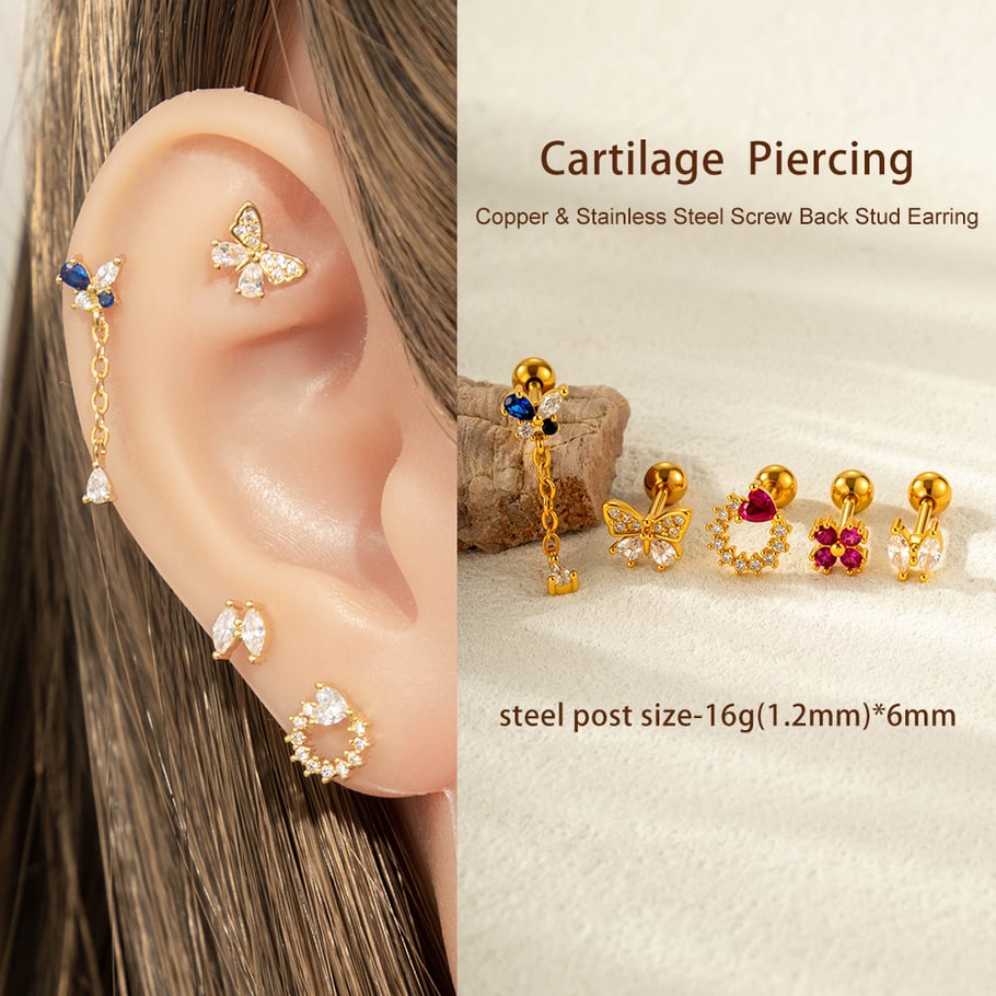 1 Piece Polychrome Butterfly Titanium Steel Zircon Women's Stud Earrings h5Picture5