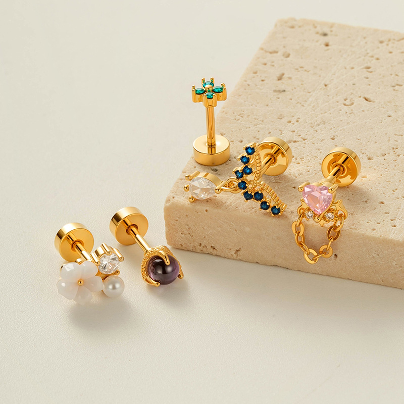 1 Adet Bakır Altın Rengi Zirkonyum Piercing Küpe Resim3