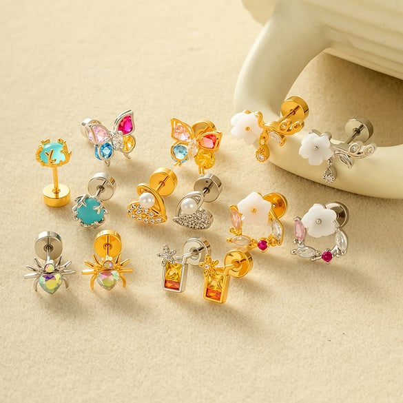 1 Piece Butterfly Copper Gold Color Zircon Piercings Earrings 2
