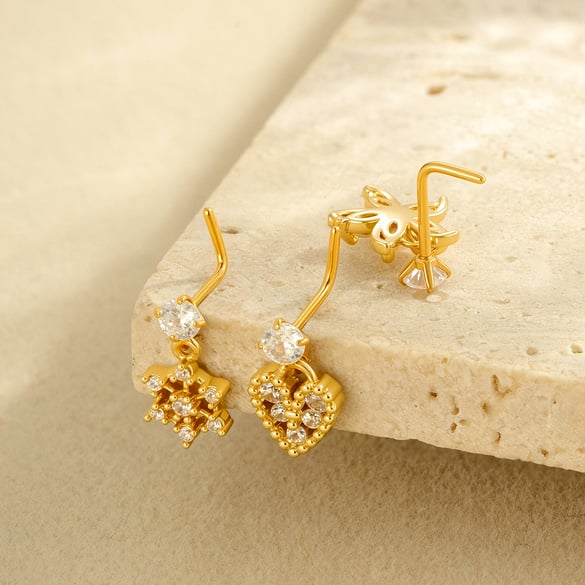 1 Pair Simple Series Simple Heart Copper   Gold Color  Zircon Women's Nose Stud 2