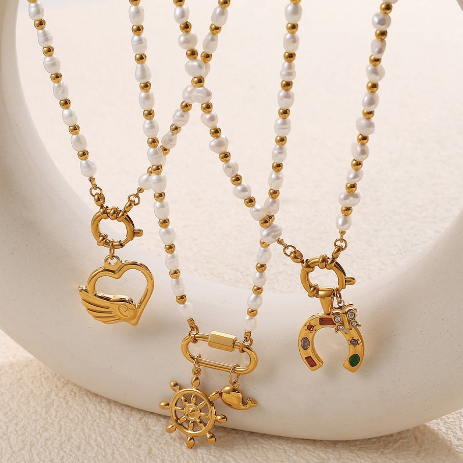 Collane con ciondolo fai da te in perle di acciaio inossidabile color oro con perle giornaliere Immagine4
