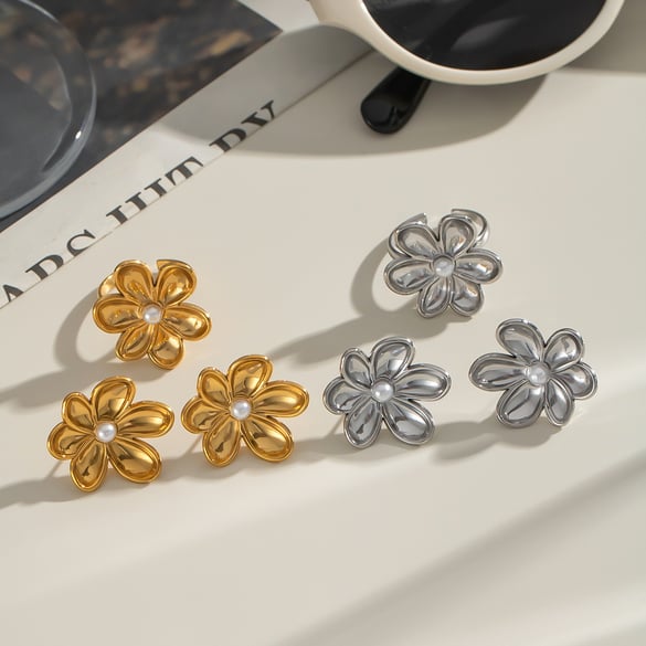 Sweet Flower Stainless Steel Gold Color Earring Sets 2