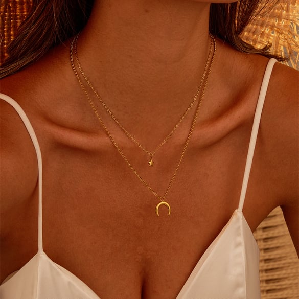 Elegante Sonne/Mond Edelstahl Gold Farbe Damen Layered Halsketten
