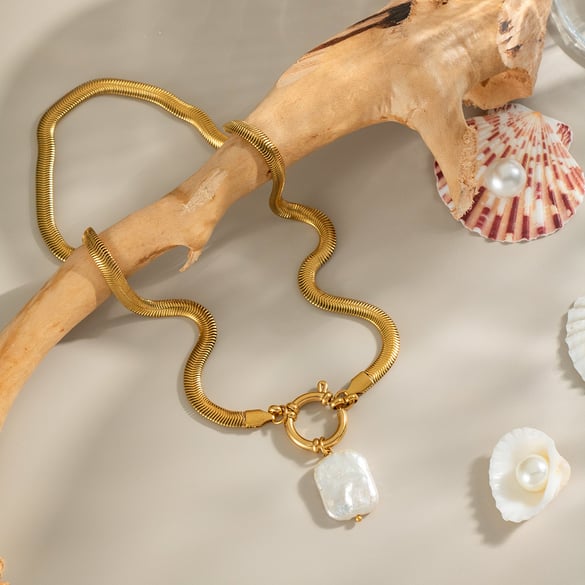 1 Piece Stainless Steel Gold Color Pearl Pendant Necklace