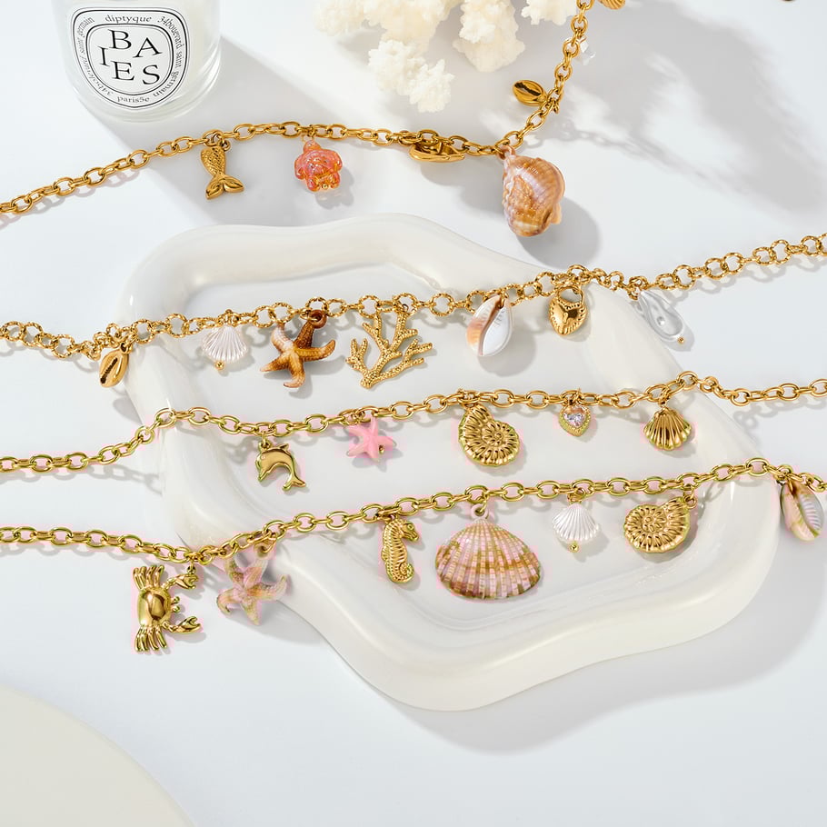 1 pezzo di collana con ciondolo da donna in acciaio inossidabile color oro con organismo oceanico Immagine5