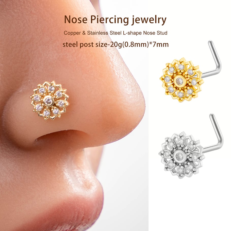 1 pièce de clou de nez pour femme en forme de fleur éblouissante, couleur cuivre et or, zircon Image4