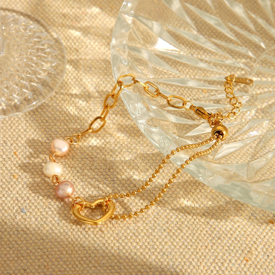 1 Pair Simple Series Sweet Heart Stainless Steel   Gold Color  Natural Stone Women's Chain Bracelets Picture3