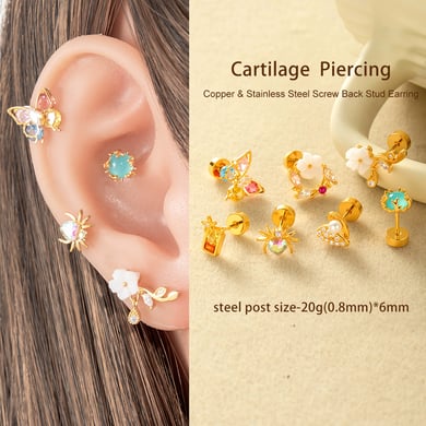 1 Adet Kelebek Bakır Altın Rengi Zirkonyum Piercing Küpe h5 Resim5