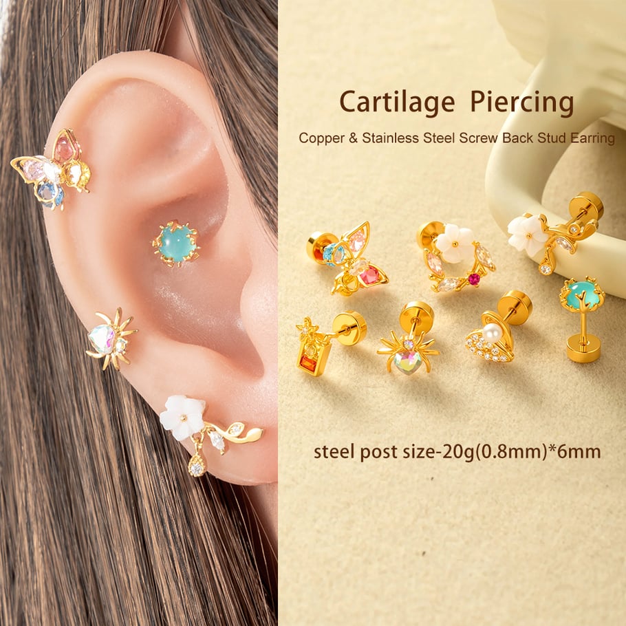 1 Adet Kelebek Bakır Altın Rengi Zirkonyum Piercing Küpe Resim5
