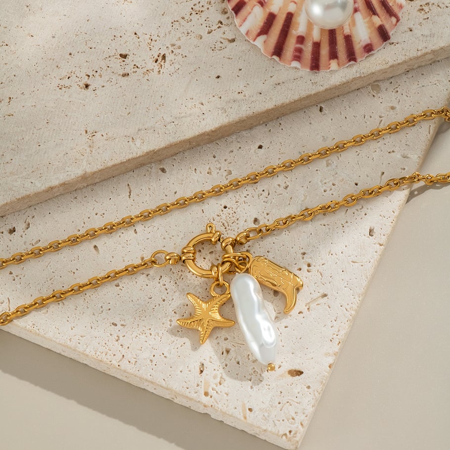 1 Piece Starfish Stainless Steel Gold Color Pearl Pendant Necklace Picture3