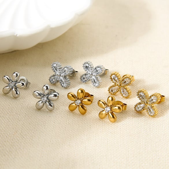 Romantic Series Elegant Flower Stainless Steel   Gold Color  Zircon Women's Stud Earrings 2