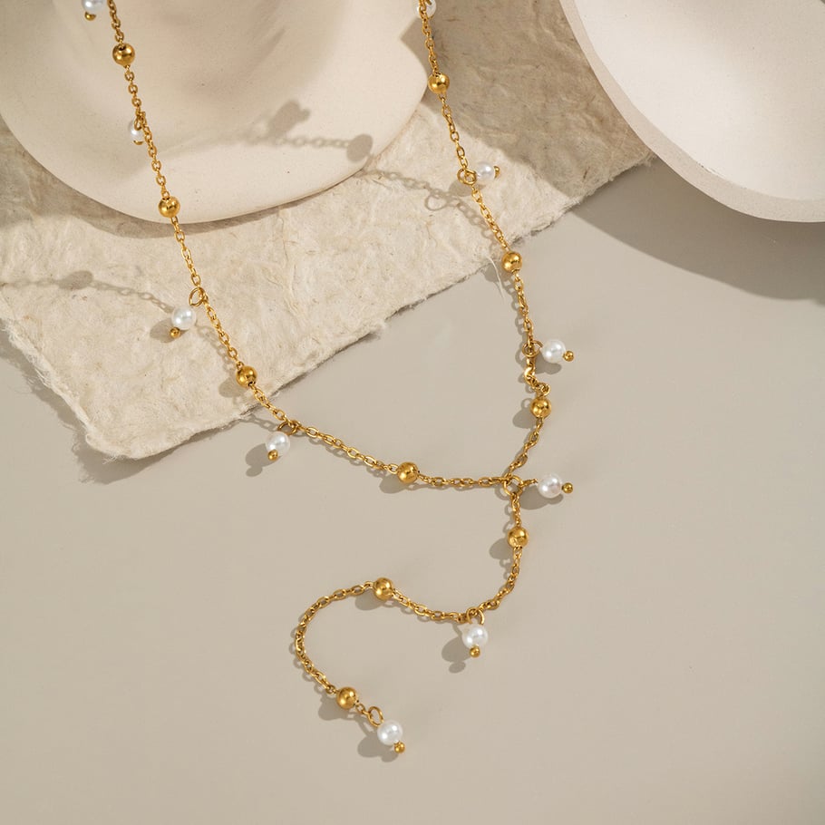 1 Piece Stainless Steel Gold Color Pearl Beaded Necklace Picture3
