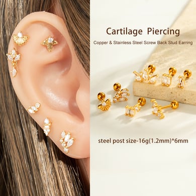 Boucles d&#39;oreilles piercing exquises en cuivre doré et zircon pour femmes, 1 pièce h5 Image5